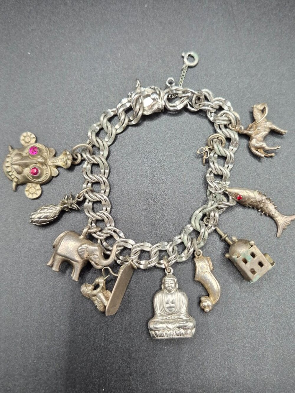 VTG Janel Sterling Silver Charm Bracelet Buddha Asian Travel Elephant 9 charms